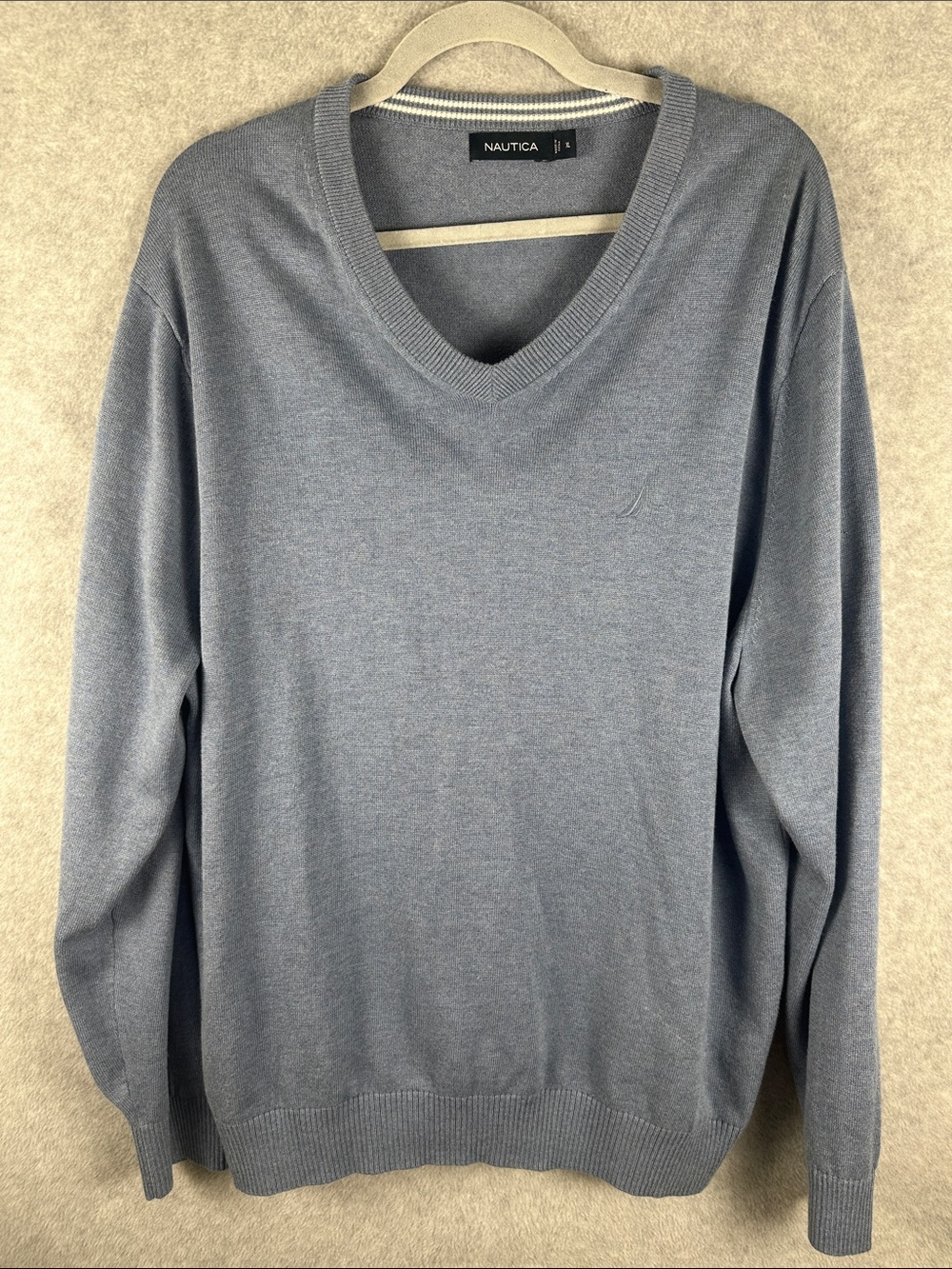 Nautica Steel Blue and White Striped-Collar V-Neck Sweater Men's Size XL